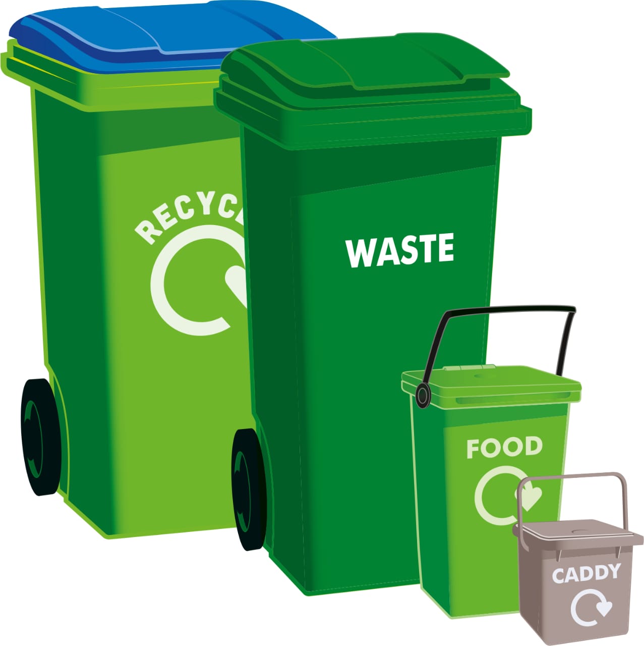 Recycling, waste and food bins