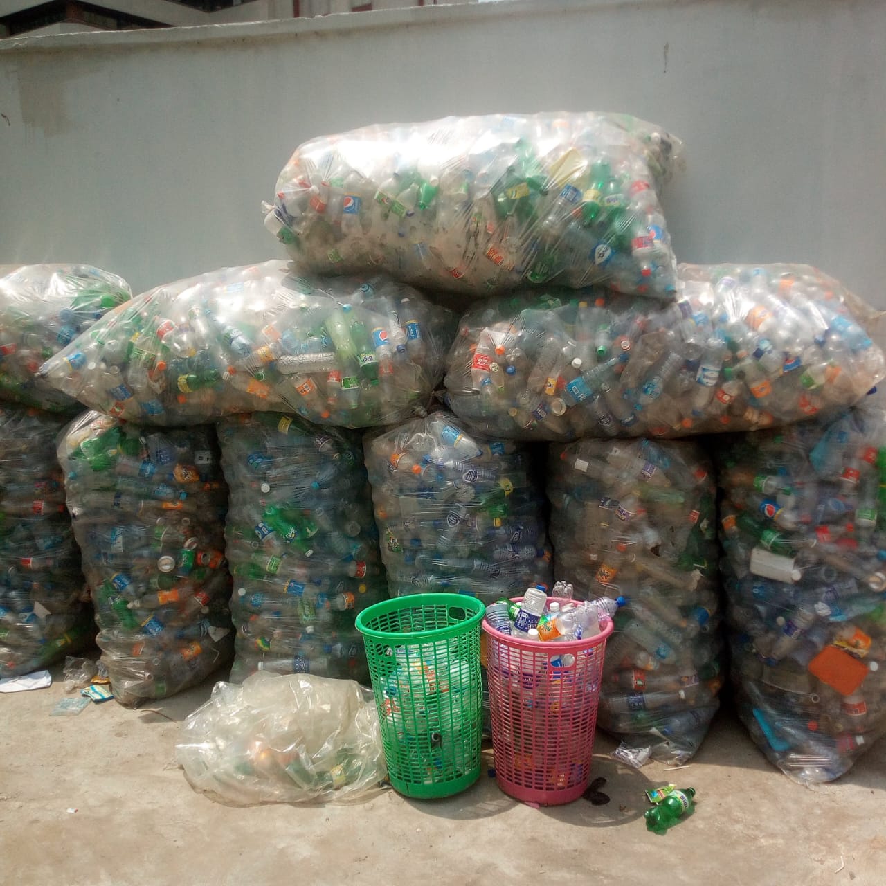 Bags of sorted plastic bottles ready for transport
