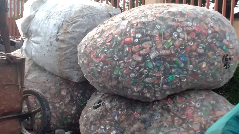 Bagged aluminum beverage cans collected for recycling